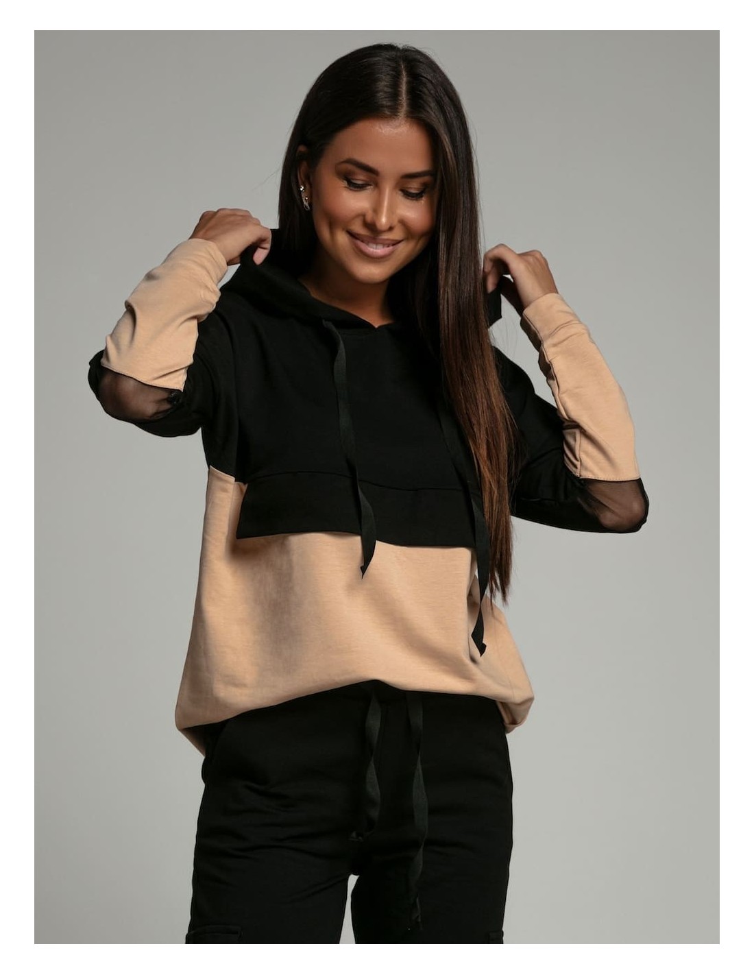 Two-color tracksuit with transparent inserts on the sleeves, beige FI530 - Online store - Boutique